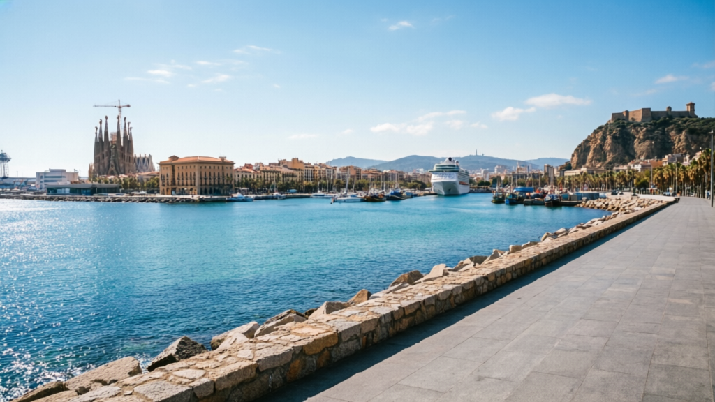 Spring cruise ports in the Mediterranean — Barcelona harbour at golden hour